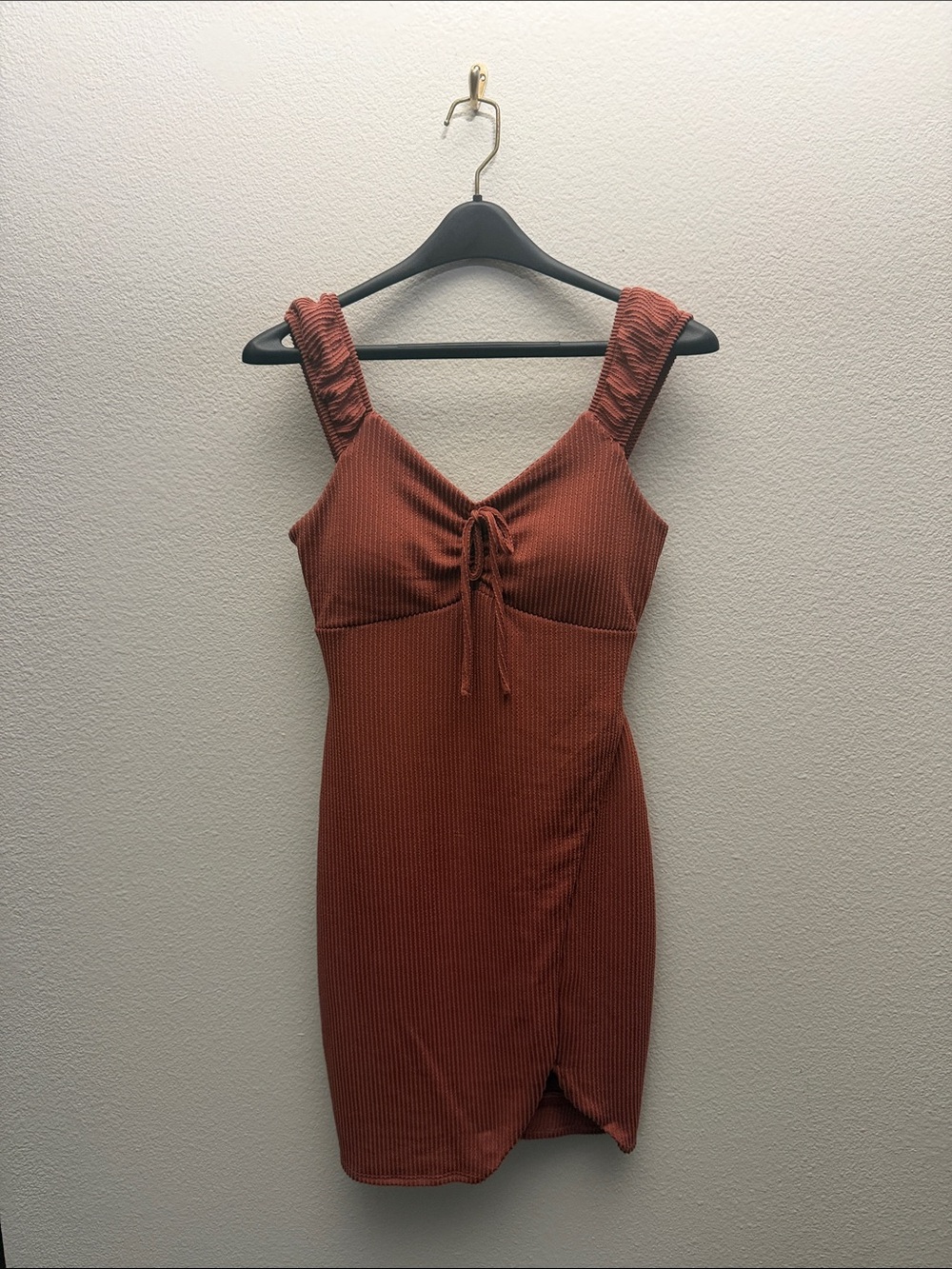 Derek Heart Rust Brown Ribbed Tie-Front Mini Dress